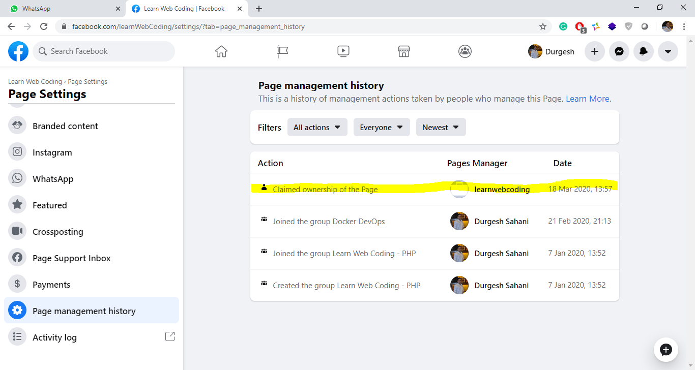 Facebook Page Management History